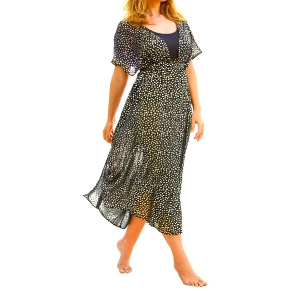 Swimsuits For All Other - Swimsuits For All Black Metallic Gold Spots Cover Up Sheer‎ Caftan Size 2X/3X